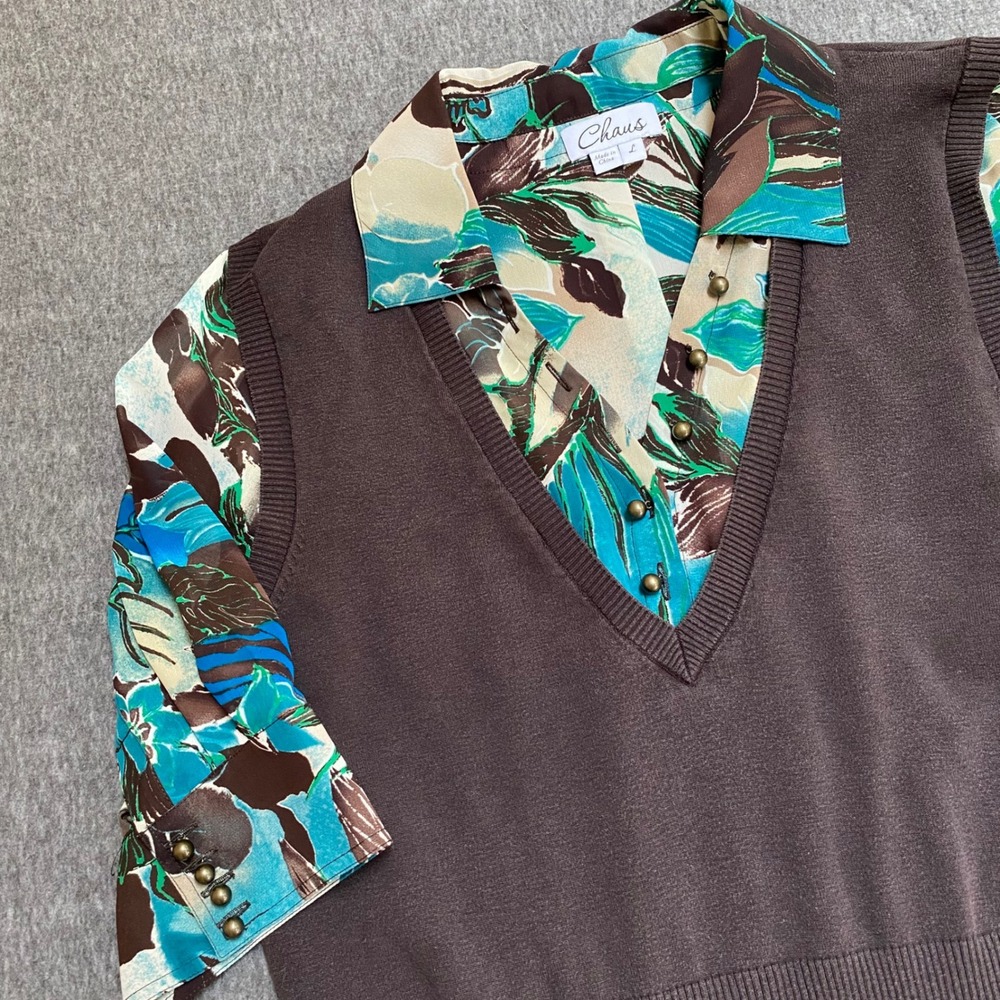 Chaus Brown Silk Blend Knit Vest Layered Floral Blouse Top Large Teal Brown Vtg